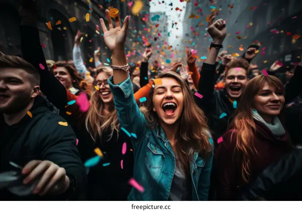 Ecstatic Crowd Celebrates with Confetti in the Air