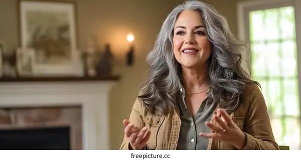 Smiling Woman with Gray Hair Talking in a Home
