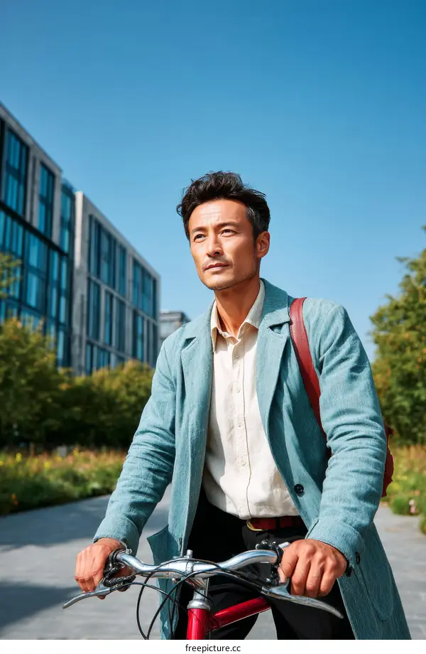 Asian Man Riding Bicycle in Urban Setting