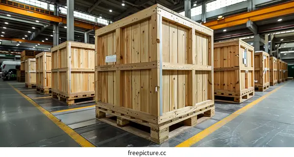 Wooden boxes stacked in a warehouse