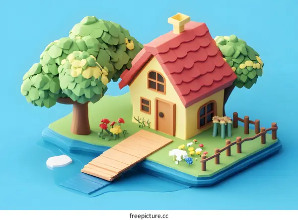 Low Poly House with a Wooden Dock