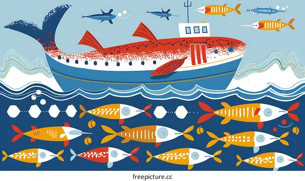 Fish Boat Illustration Sea Ocean Art