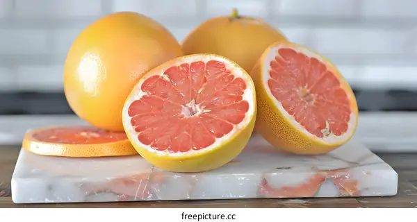 Fresh Ripe Grapefruit Slices on Marble Cutting Board
