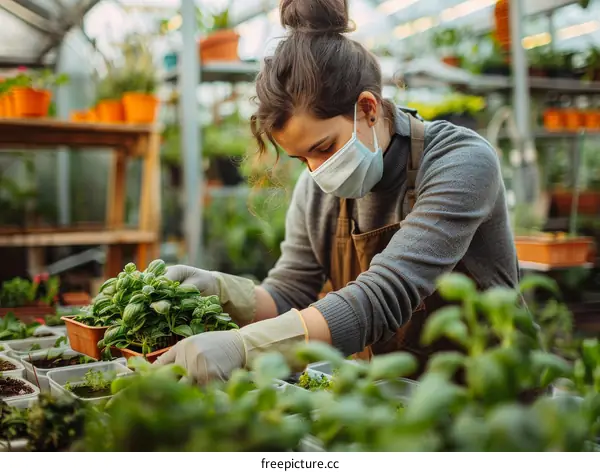 Young caucasian female working in a greenhouse