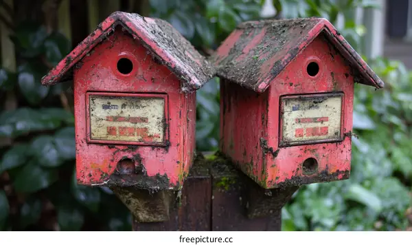 Two Vintage Red Birdhouses Outdoor Decor