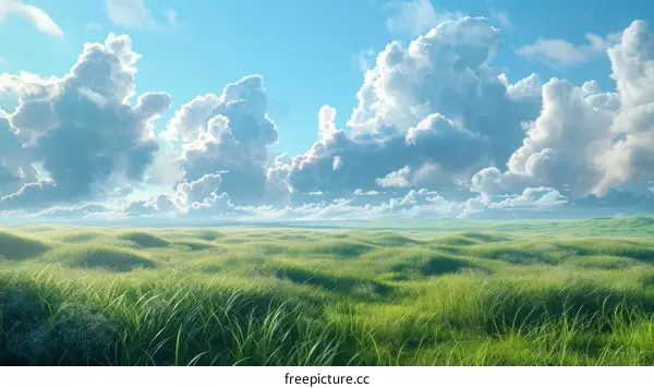 Vast Green Meadow Under a Sky Full of Clouds
