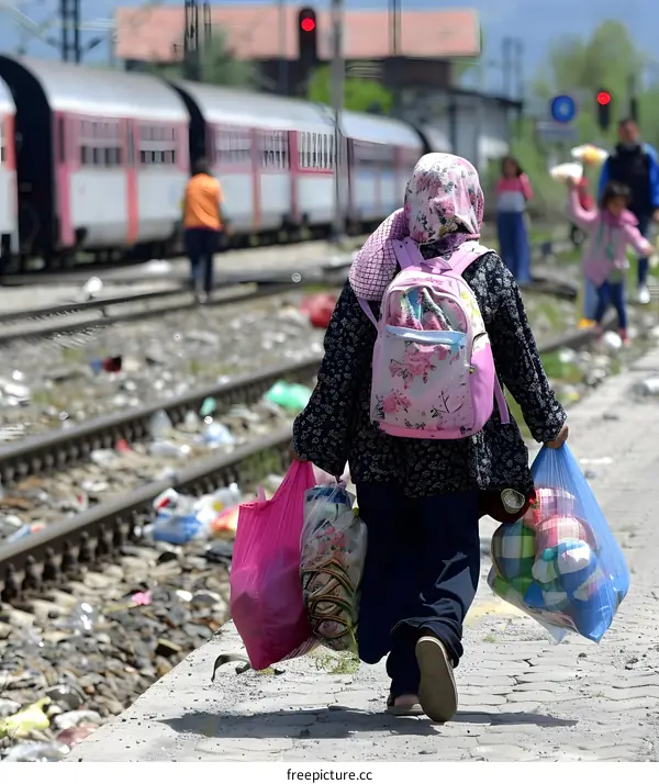 Woman Carrying Bags Walking on Train Tracks