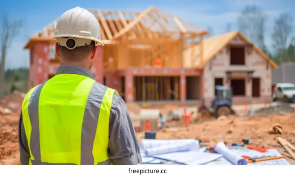 Construction worker wearing hard hat and safety vest at residential building construction site
