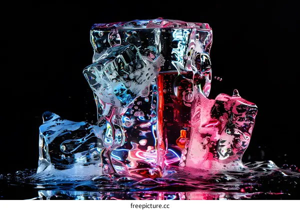 Neon Lights Reflecting in Ice Cubes