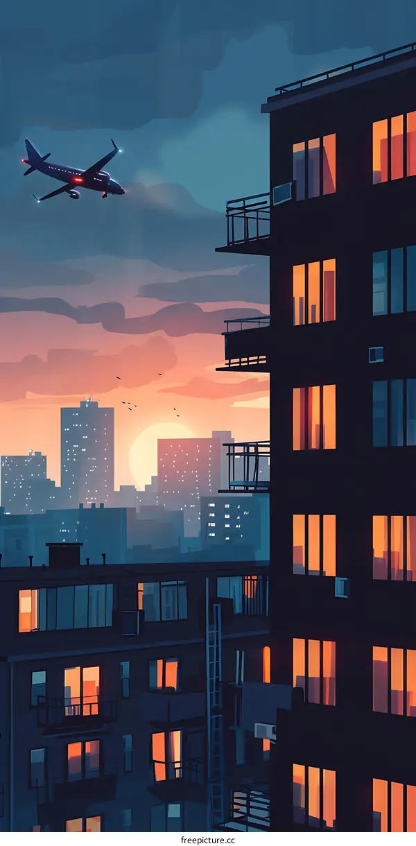 Cityscape Illustration with Airplane Flying Over Buildings at Sunset
