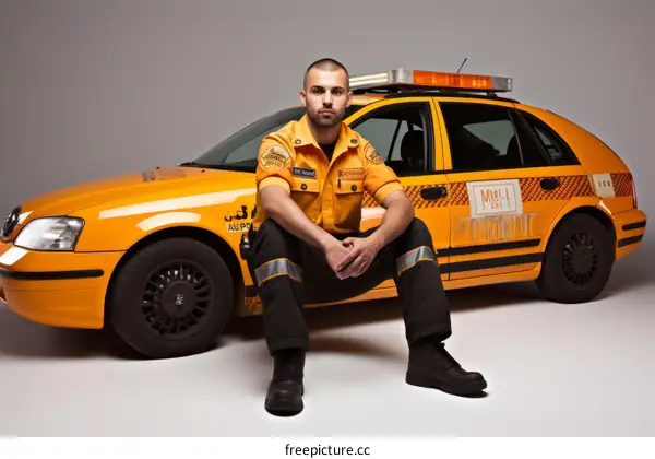 Portrait of a male paramedic in uniform sitting in front of an ambulance