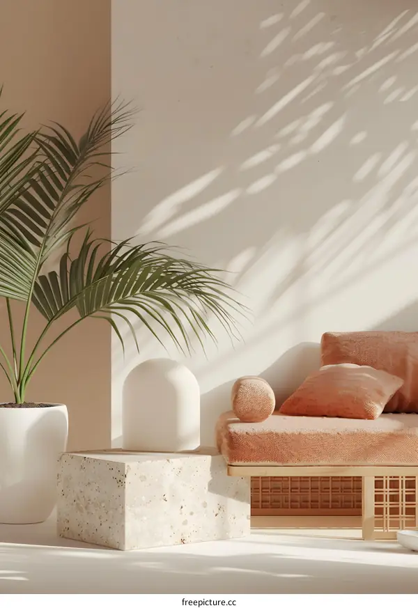Minimalist Home Interior Design With Palm Plant and Beige Sofa