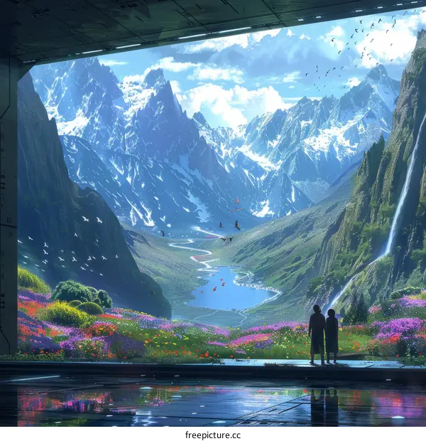 A couple standing on a balcony overlooking a beautiful mountain landscape