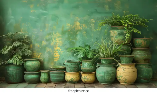 Assortment of Plants in Rustic Earthenware Pots