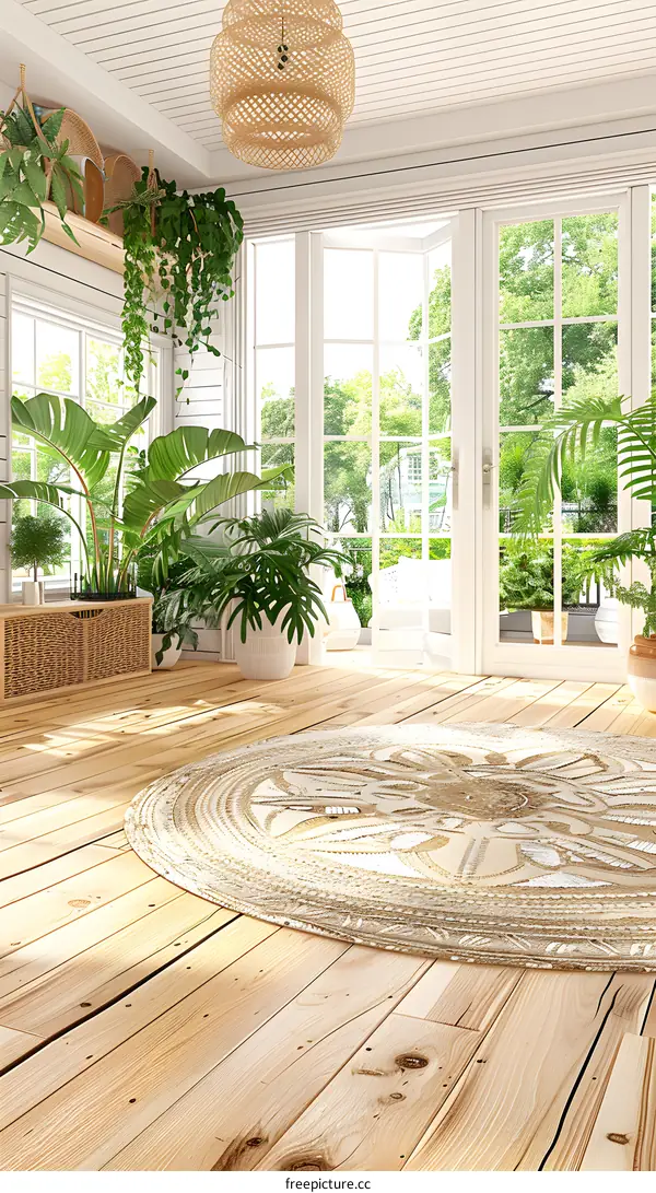 White Interior with Wooden Floor and Rattan Ceiling Lamp