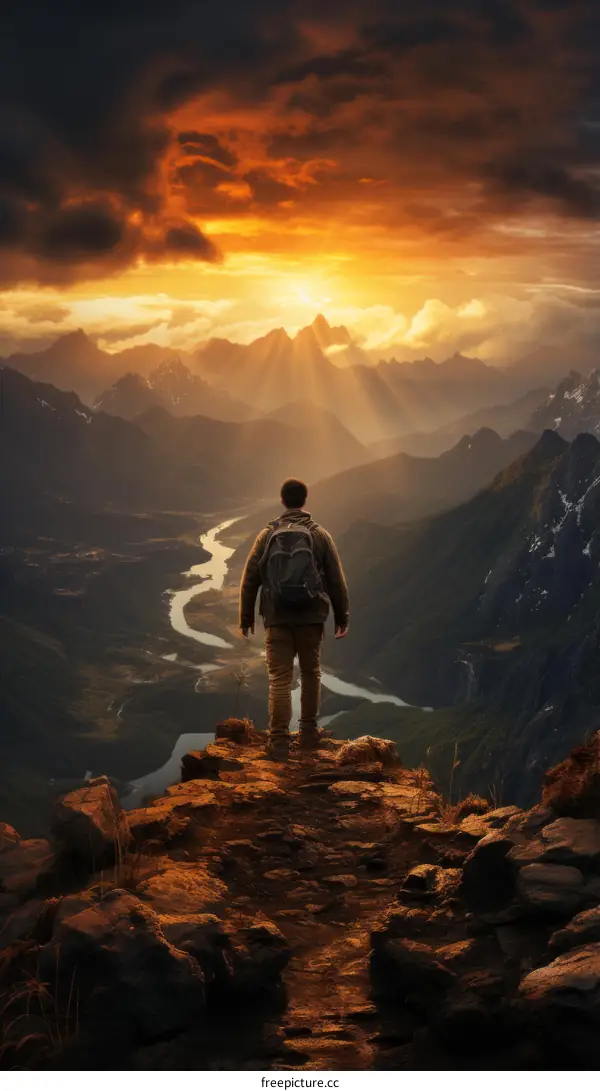 Solitude on a Mountain Cliff: A Man Overlooks a Valley at Sunset