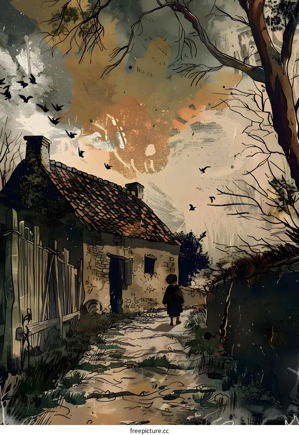 Vintage Illustration of a Small House and a Girl in a Rural Setting