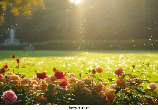 Close-up of wet roses in a garden with a fountain in the background