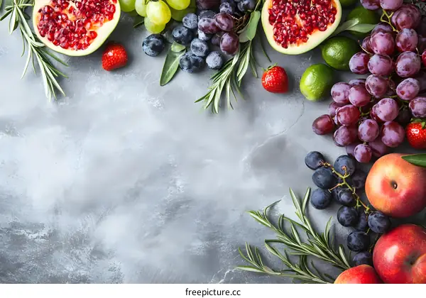 Fresh Fruits and Herbs on Grey Background