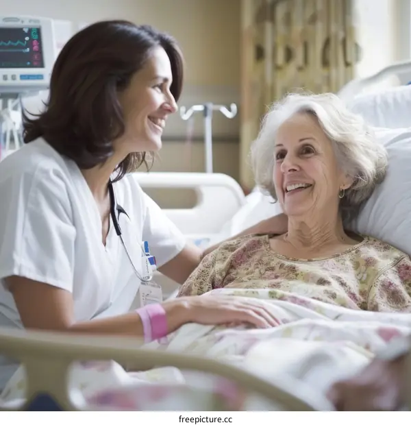 A smiling nurse talking to a patient in a hospital bed