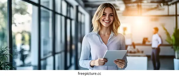 Smiling Woman Holding a Tablet in an Office Setting
