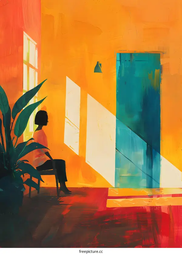 A woman sitting in a chair in a room with a blue door