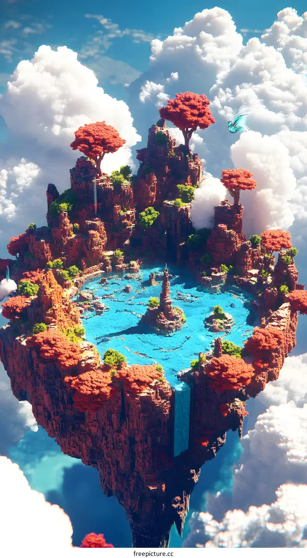 Floating Island with Red Trees and Blue Lake