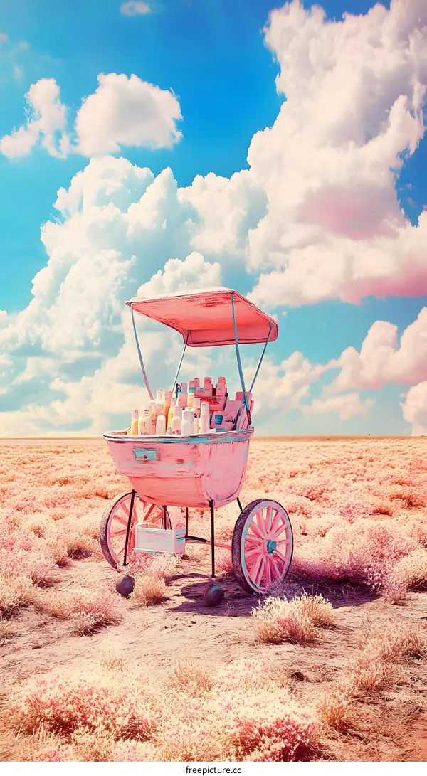 Pink Cart in a Field of Flowers Under a Blue Sky