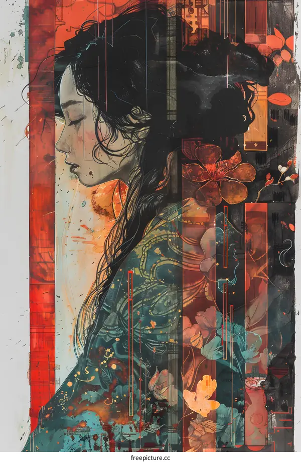 Portrait of a young woman with long black hair and red and orange flowers in her hair and around her neck