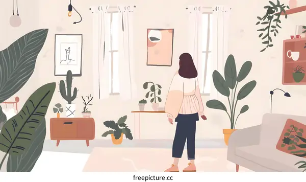 Woman Standing in a Modern Living Room with Plants