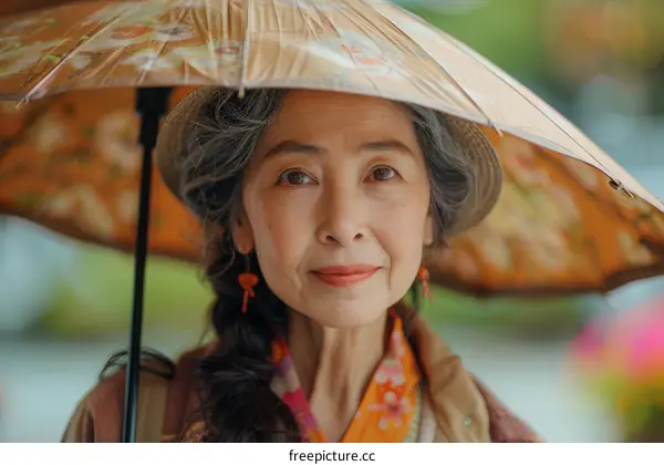 Portrait of an elderly Asian woman in traditional Japanese clothing smiling under an umbrella