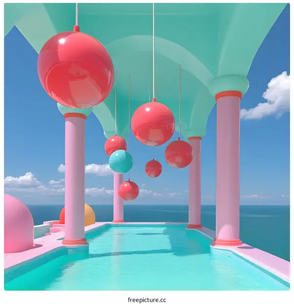 3D Rendering of Pink Building with Pool and Hanging Spheres
