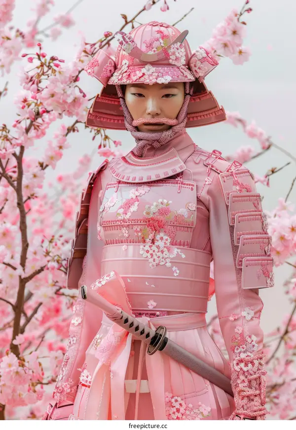 Samurai Woman in Cherry Blossom Field