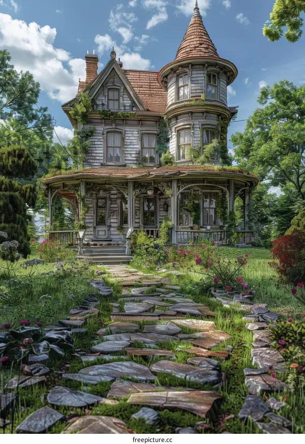 Old Victorian House with Stone Path and Lush Greenery