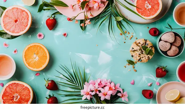 Summer Food Flat Lay with Citrus Fruits and Pink Flowers
