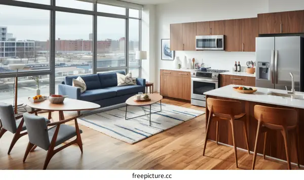 An open-concept apartment with a large living room, kitchen, and dining area