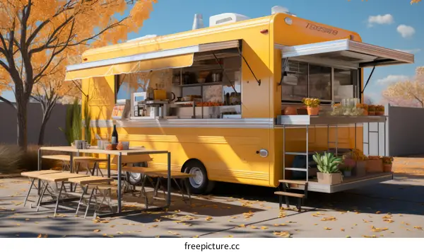 A yellow food truck parked in a colorful autumn park
