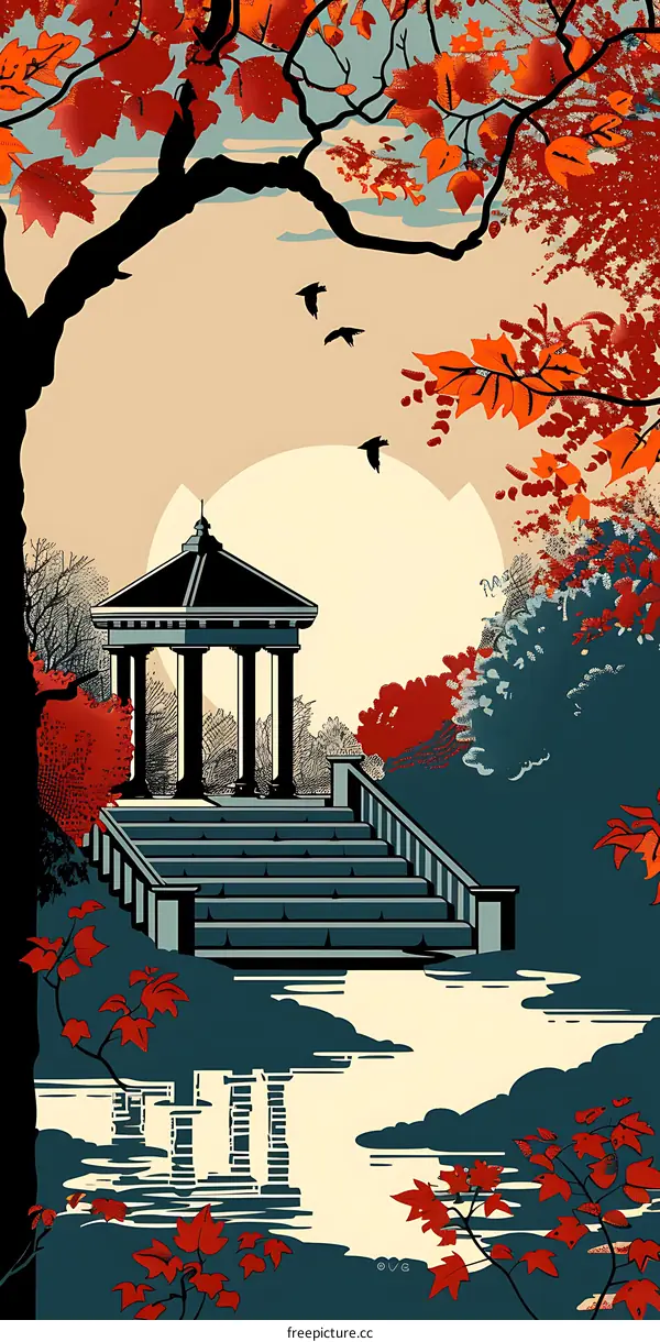 Autumn Leaves  Gazebo and Water Reflection Landscape Illustration