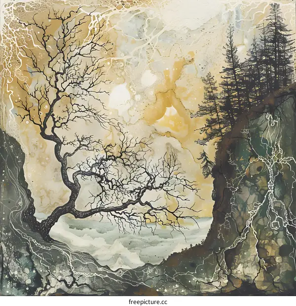 Silhouettes of Trees on a Cliff Watercolor Painting
