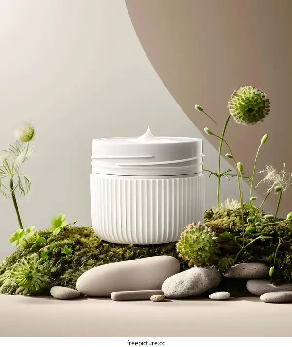White Cream Jar on a Bed of Moss and Stones