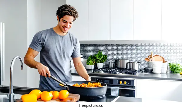 Man Cooking in Modern Kitchen with Yellow Peppers