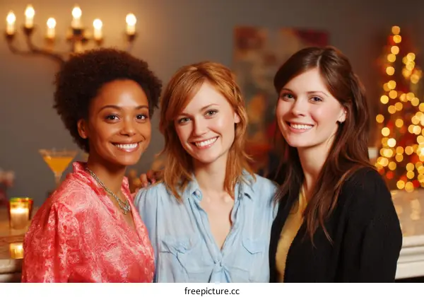 Three Diverse Women Friends Enjoying a Festive Evening