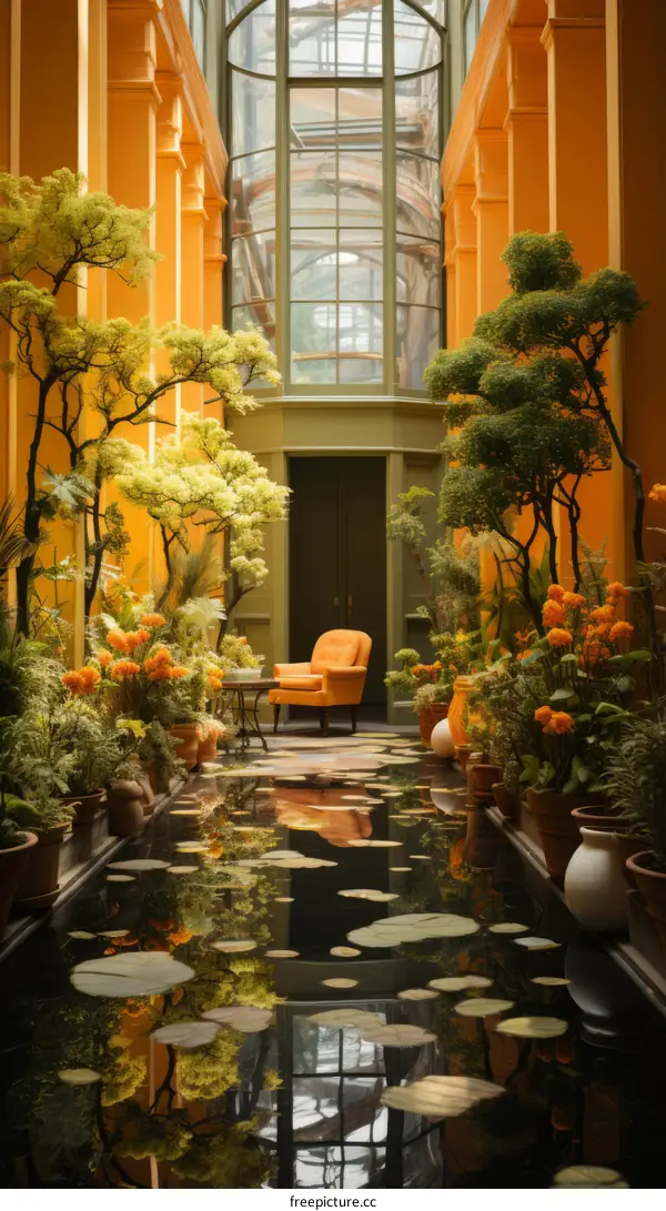 A beautiful sunlit corridor with a reflecting pool and lush greenery