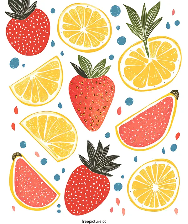 Summer Fruits Illustration With Lemon, Strawberry And Watermelon