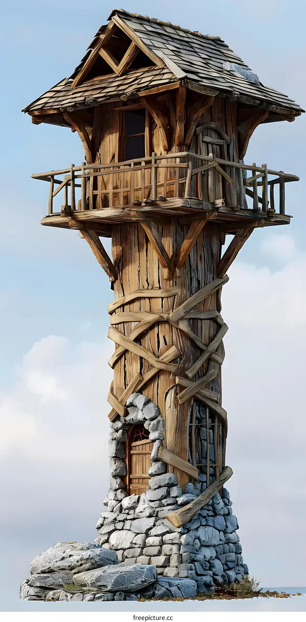A tall wooden watchtower with a stone foundation and a shingled roof.