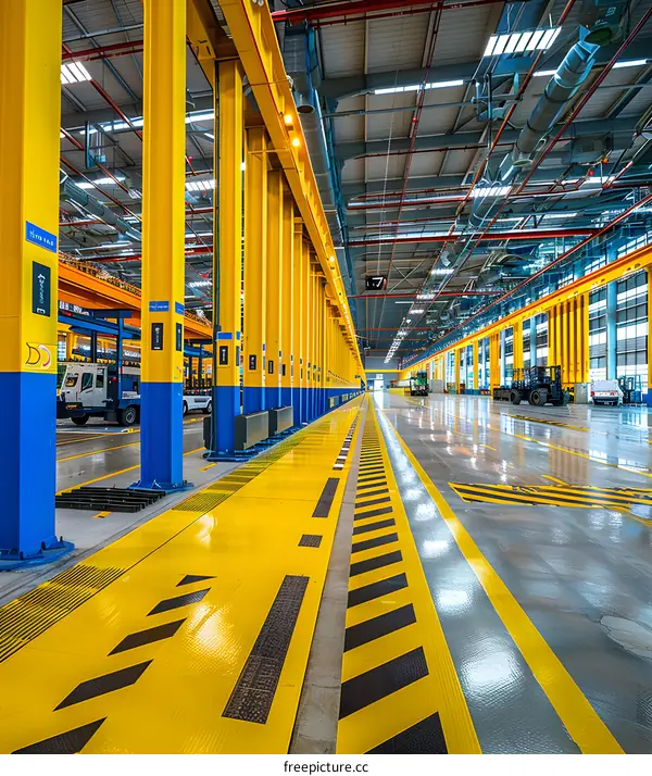 Industrial Factory Building Interior With Yellow and Black Striped Floor