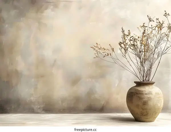 Dried Flowers In A Vase Against A Textured Wall
