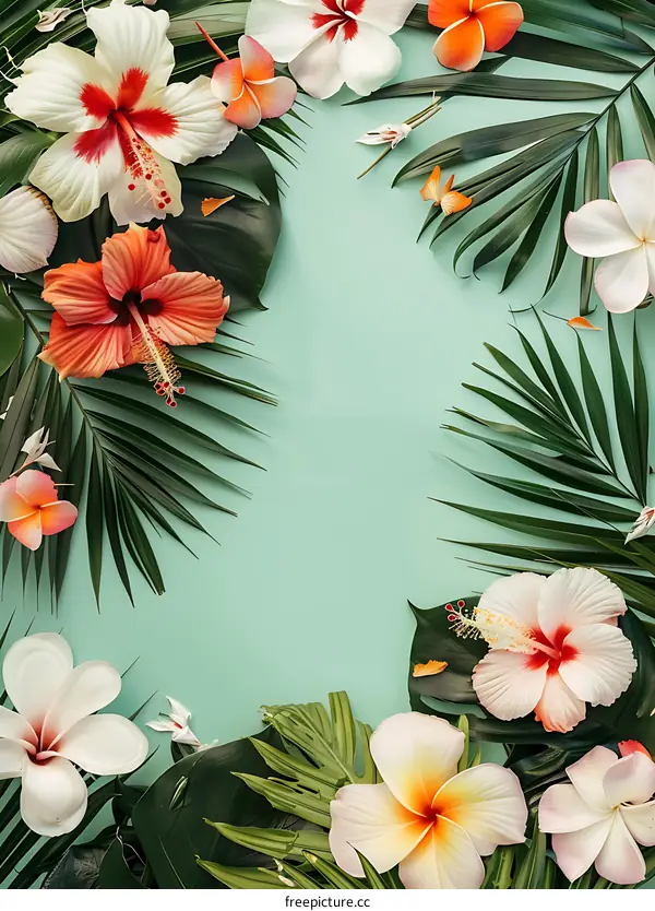 Tropical Floral Background With White Hibiscus and Palm Leaves