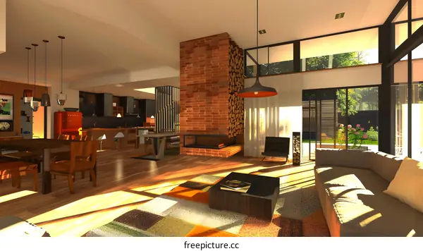 Modern House Interior Design with Brick Fireplace and Large Windows