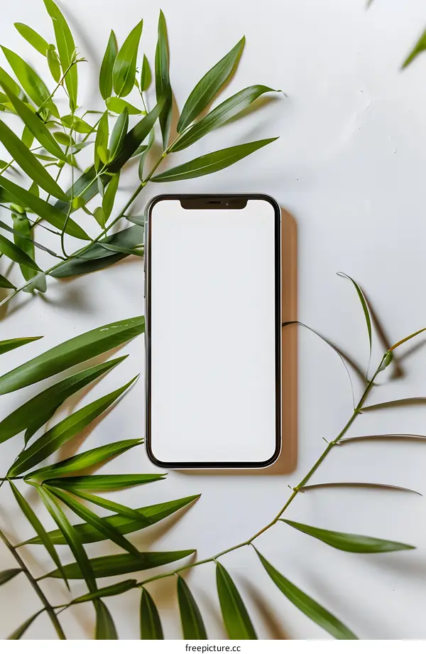 White Background Smartphone Mockup with Green Leaves